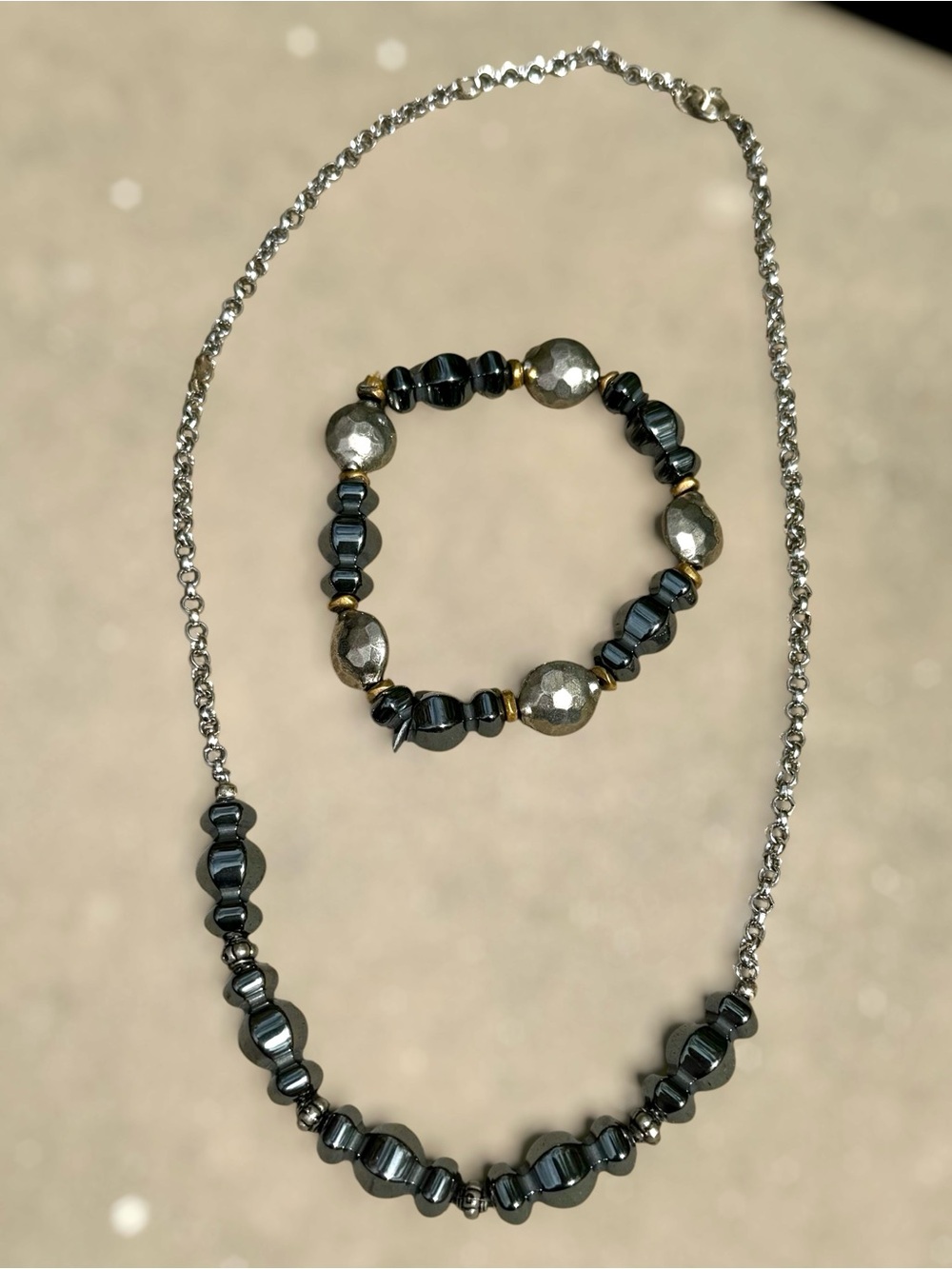 Handcrafted Hematite Bead Necklace and Bracelet Set